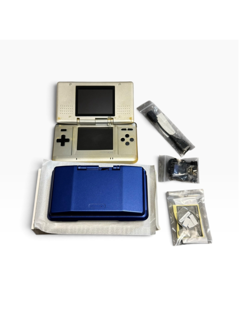 Nintendo DS Handheld Console Silver Bundle With Blue Reshell Diy Kit and Charger